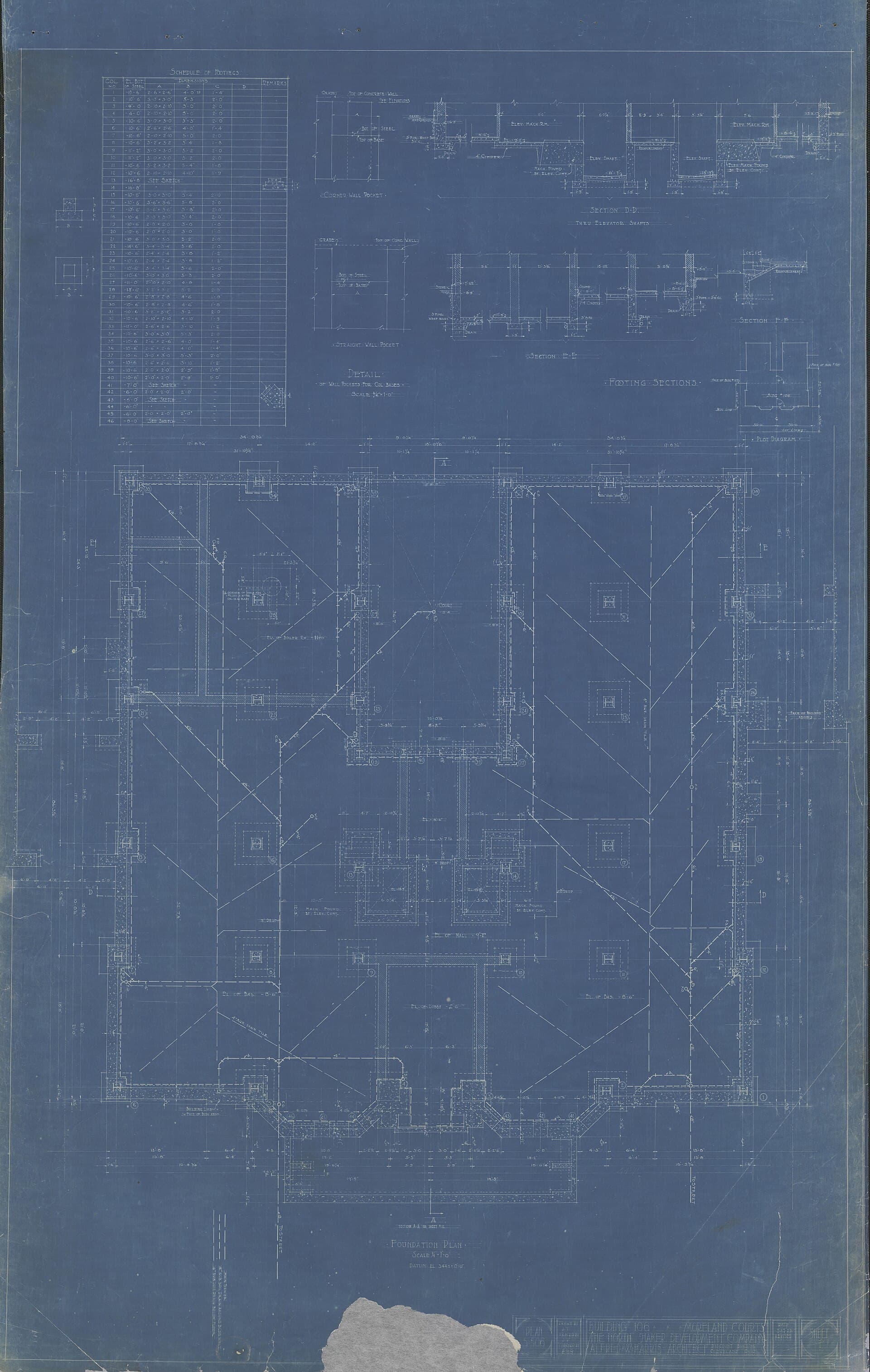 Vintage architectural blueprint of a building foundation plan